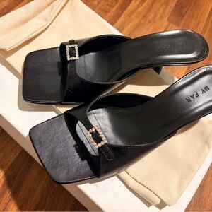 BY FAR Black Leather Mule Sandals – Crystal Buckle – Size 37 – Designer